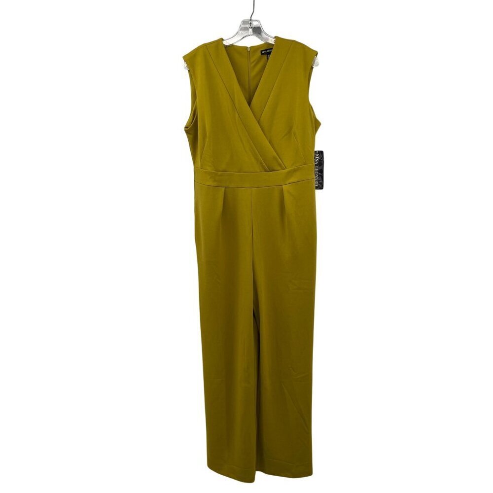 Nina Leonard Sleeveless Jumpsuit Wide Leg V-Neck Moss Size Large Pockets New